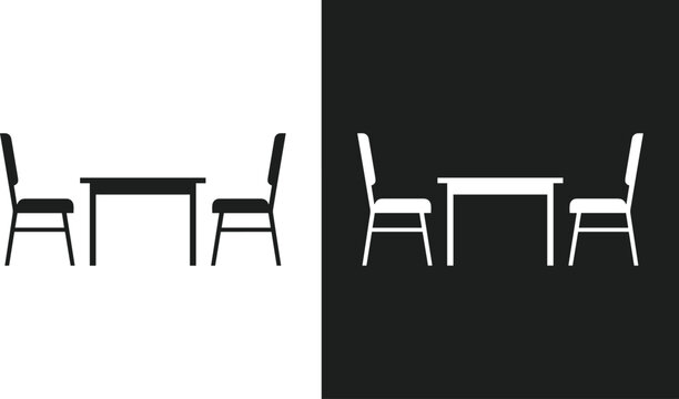 Minimalist table and chairs icon set with black and white reversed color options vector illustration