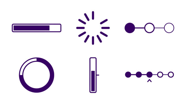 Various loading and progress indicators in purple, showcasing different styles and shapes