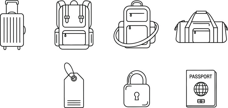 Suitcase Icon Set with Backpack, Travel Bag, Luggage Tag, Padlock, and Passport Travel Document Outline Graphics