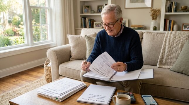 Elderly Man Sitting on Sofa Reviewing Documents and Bills at Home.