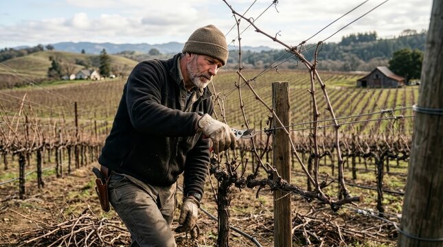Vineyard rows with dormant grapevines in a picturesque agricultural landscape
