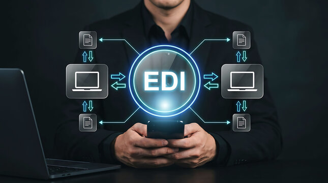 Businessman holding phone showing EDI electronic data interchange system network