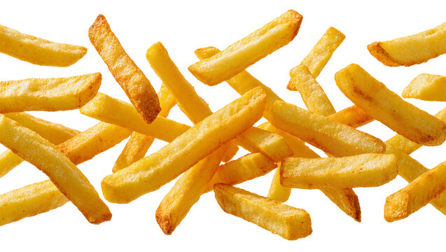 Isolated crispy golden french fries scattered delicious fast food snack meal close-up studio shot