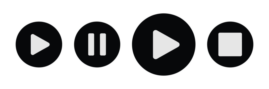 Media control icons set featuring play and pause buttons in outline and solid styles for app, web, and multimedia navigation design.