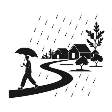 Person Walking with Umbrella on Rainy Path to Houses &mdash; Symbol for Resilience, Rural Life & Climate Adaptation
