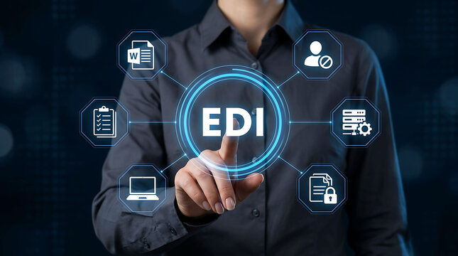 Business person touching EDI electronic data interchange screen for automation