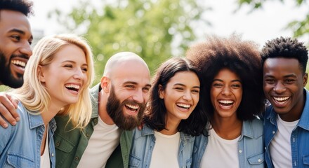 Obraz premium Diverse Group of Happy Multiethnic Friends Laughing Together Outdoors in a Park on a Sunny Day