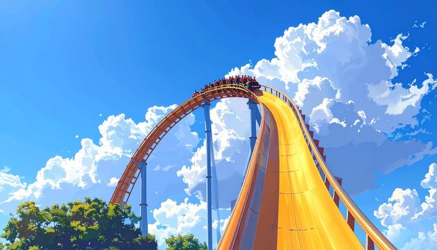 Red Roller Coaster Train on High Track Under Bright Blue Sky