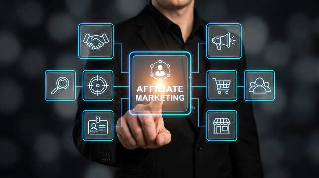 Affiliate marketing concept with businessman touching digital screen interface