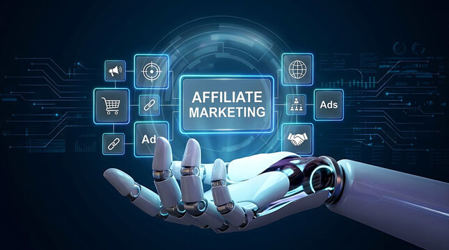 AI robot hand presenting affiliate marketing concept on futuristic digital interface