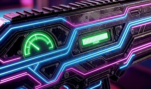 Futuristic sci fi weapon panel with glowing neon blue and pink circuit lines featuring a green power gauge indicator on a scratched metallic surface