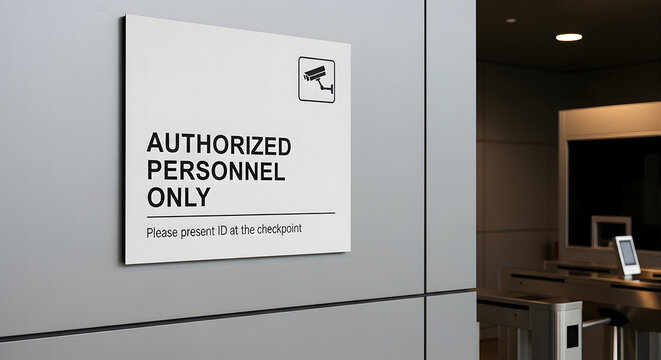 Authorized personnel only sign with surveillance icon next to a security checkpoint