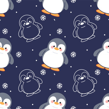 Cute penguin seamless pattern on dark blue background, sweet little penguins and white outline characters with snowflakes vector for kids pajama design