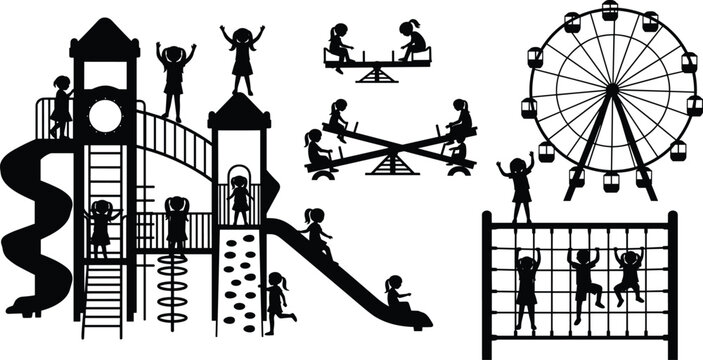 Children playing in playground with ferris wheel, slide, climbing wall and seesaw activity silhouette set.