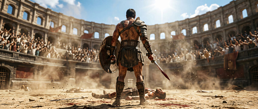Heroic Roman Gladiator Standing Victorious in a Sunlit Ancient Arena
