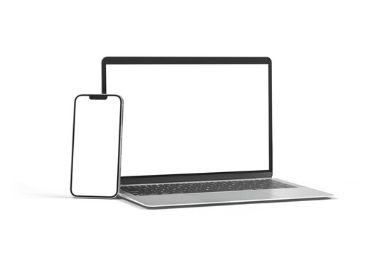 Modern laptop and smartphone on clean white background with blank screens for mockup and app UX user experience. 3d rendering