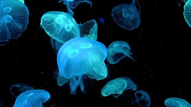 Close-up of a colorful jellyfish with translucent tentacles drifting underwater.