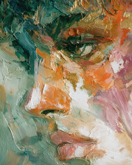 Obraz premium Textured fine art painting of a serene angel using warm orange, green, and clay-inspired hues.