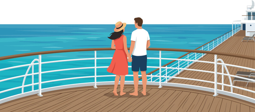 Romantic couple holding hands on cruise ship deck looking at the ocean vector illustration isolated