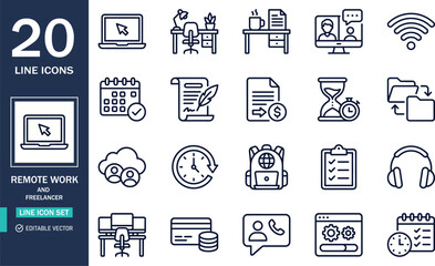 Fototapeta premium Set of 20 remote work and freelancer line icons, including laptop, desk, video call, calendar, contract, payment, cloud, and project management