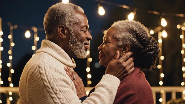 Romantic senior African American couple embracing tenderly under string lights at night