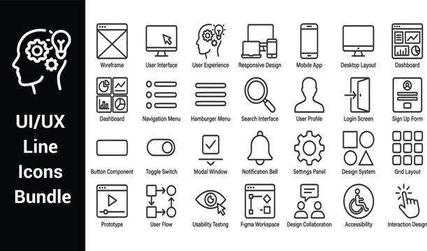 UI UX Design and Web Development Line Icons Set Vector