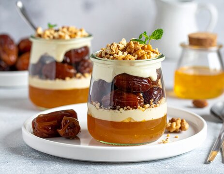 Datteln im Glas mit N&uuml;ssen und Honigschichten (Overnight Dessert Stil)