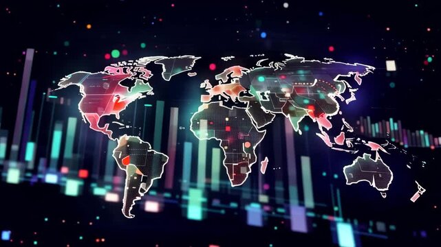 Global business and finance concept with world map and colorful graphs