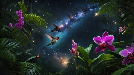 Obraz premium Vibrant tropical scene with hummingbirds and orchids under a starry galaxy backdrop, evoking tranquility