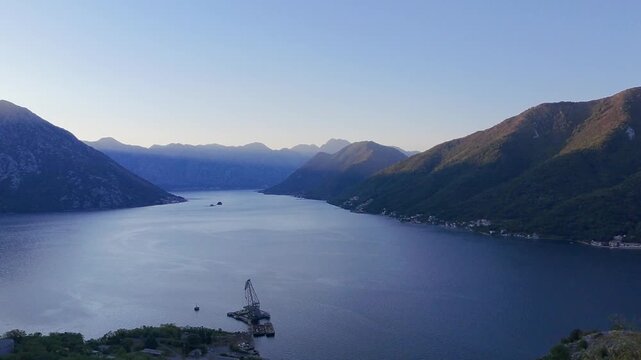 Aerial view of the coast of Boka bay, Montenegro. Vacation destination and tourist trap in Europe. drone view