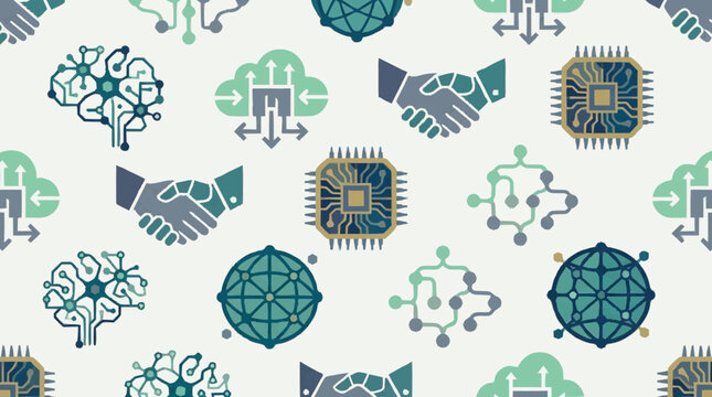 Digital technology seamless pattern with icons of brain cloud handshake and network.