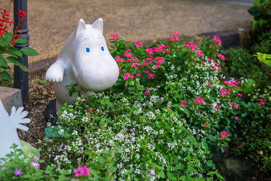 Moomin figurine in garden at Yufuin Floral Village, Oita