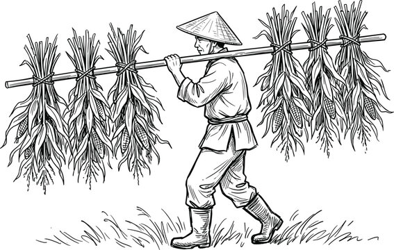 Vintage hand drawn asian farmer carrying corn harvest on shoulder pole vector isolated on white