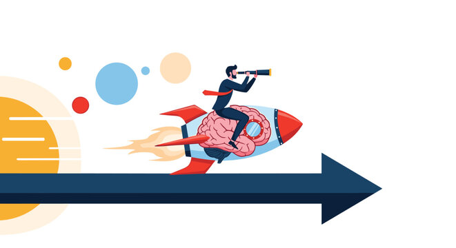 Visionary businessman riding a rocket powered by a giant brain while using a telescope to search for innovative ideas and future opportunities.