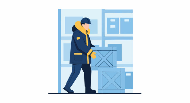 Cold Storage Logistics Worker in Winter Parka Carrying Boxes in Warehouse Flat Vector Illustration