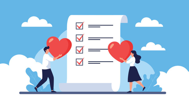 Man and woman placing large red heart icons onto a giant checklist to show they have successfully met customer satisfaction requirements.