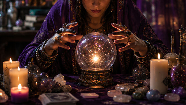 Mystical fortune telling session enchanted room photography intimate setting close-up view divination and spiritual insight