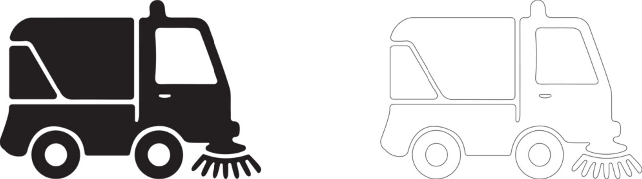 Street sweeper truck vector icon, municipal cleaning vehicle symbol, road brush cleaner and smart city services.