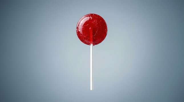 Single red lollipop candy held against plain neutral grey background representing sweet treat sugar confection dessert concept for kids and party celebration.