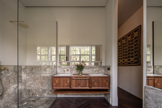 Double sink vanity with marble and wood