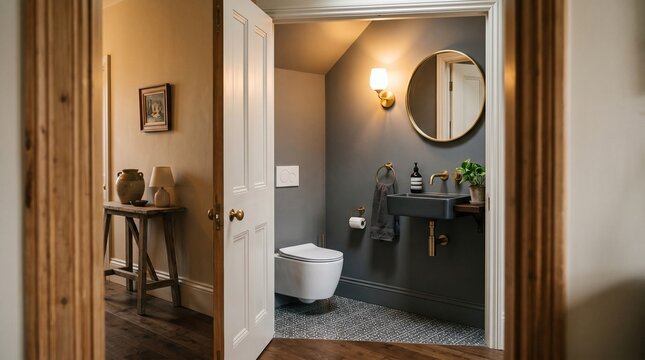 View from Hallway Through Open Doorframe into Very Small Grey Powder Room &ndash; Round Mirror and Wall-Hung Sink Creating Natural Vignette

