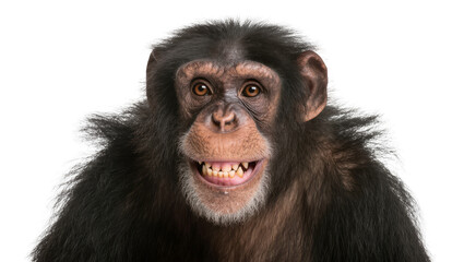 Fototapeta premium Isolated close-up portrait of a happy chimpanzee smiling with teeth showing, looking at camera