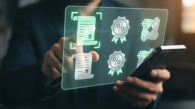 Digital Banking and Financial Agreement Concept: Floating Mint Green and Silver Holographic Layout with Document Scrolls, Percentage Badges, and Handshake Icons above Blurred Phone