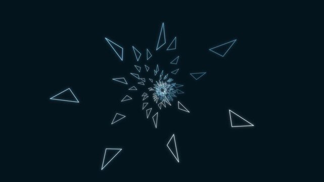 Glowing blue neon geometric triangles spiraling in dark space