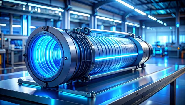 Future clean energy solution with high tech hydrogen fuel cell device for industrial application banner
