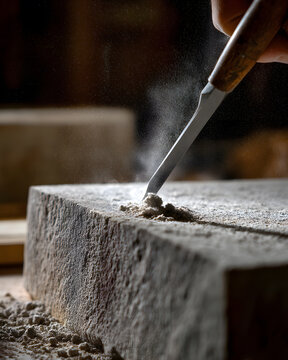 Stone Carving Detail: Close-up of a hand using a chisel to carve intricate details into a rough stone block, with dust particles suspended in the air, highlighting the artisan's craft.