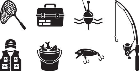 Fishing Gear Silhouette Icons – Rod, Reel, Tackle Box, Net, Lure and Fish Bucket Set   © Open Expression