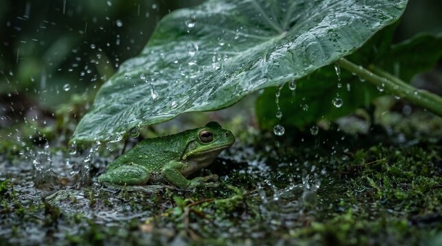 Tree frog in heavy rain