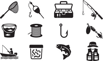 Fishing Icons Set – Rod, Hook, Lure, Tackle Box, Net, Bucket, Fish and Angler Silhouettes   © Open Expression