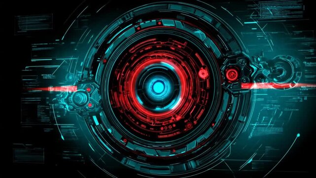 A futuristic, abstract design featuring a complex circular pattern in neon blue and red